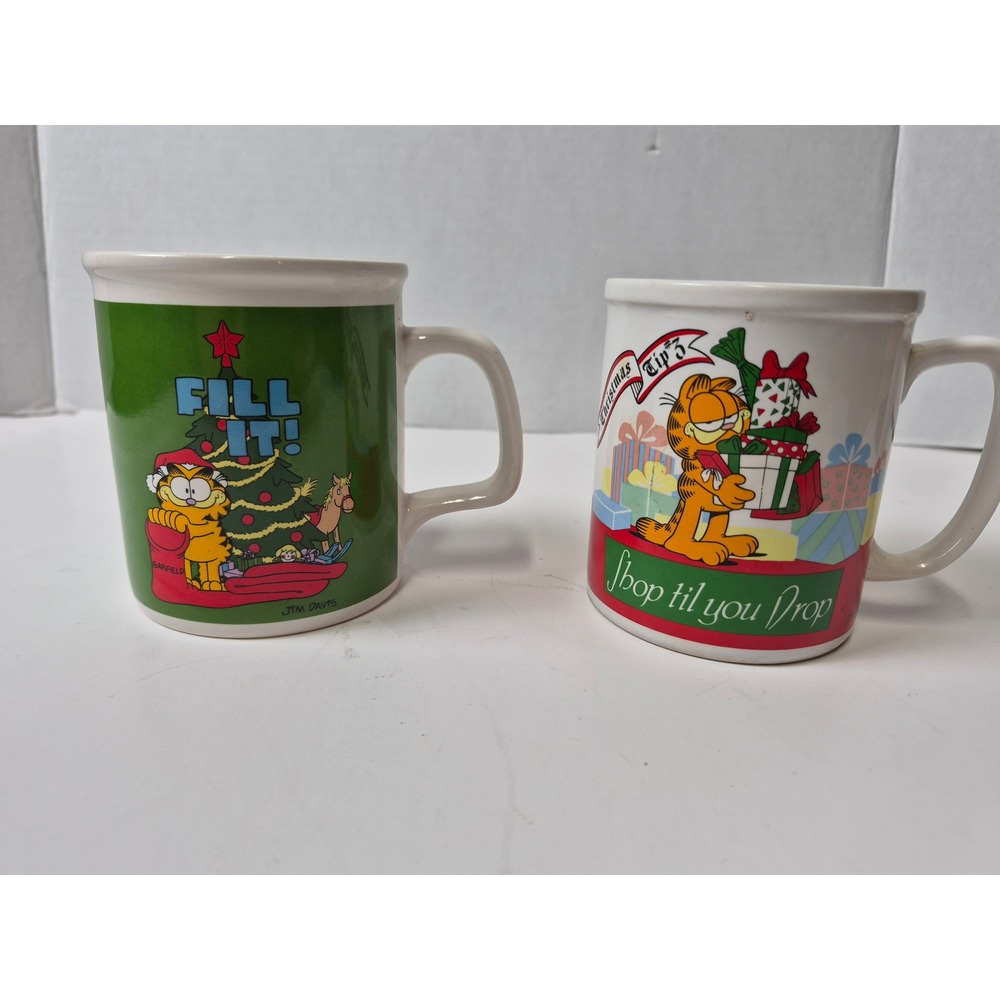 Vintage Garfield Christmas Mug Set Enesco 1978 Fill It‎ Shop Til You Drop Korea